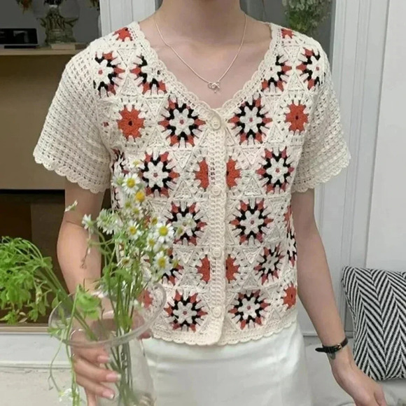SOLD OUT*****************Short Sleeve Crochet V-Neck (Color: APRICOT) (One Size) - Picture 1 of 1